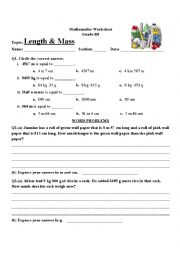 English Worksheet: Length and Mass Worksheet for grade 3