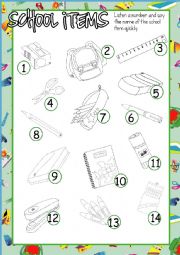 English Worksheet: School Items LISTEN & SAY