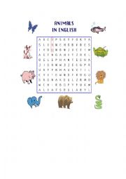 English Worksheet: animals word search