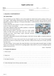 English Worksheet: English Test 9th Grade- World Population and Environment