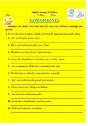 English Worksheet: HOMOPHONES
