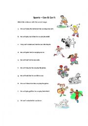 English Worksheet: Matching Can/ Cant