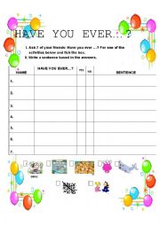 English Worksheet: Have you ever...?