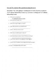 English Worksheet: For and To: Infinitive of Purpose Question and Answer Worksheet