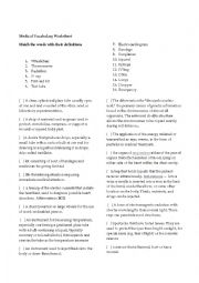 English Worksheet: Medical Vocabulary Matching Words and Definitions