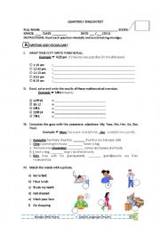 English Worksheet: English Test - time, numbers, possessives, routines + reading