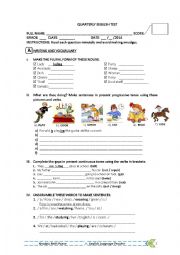 English Worksheet: English Test - Plural nouns, present continuous + reading