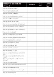 English Worksheet: Betting game : Has your classmate ever...?