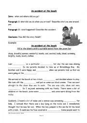 English Worksheet: An accident at the beach guided composition including a sample 