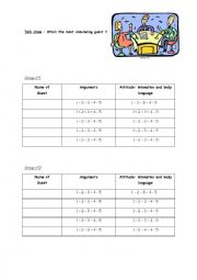 English Worksheet: Evaluation Sheet TALK SHOW Whos the most convincing guest?