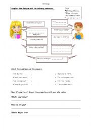 English Worksheet: Greetings & Dialogue ! Fully Editable 