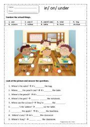 IN/ ON/ UNDER & SCHOOL THINGS WORKSHEET 