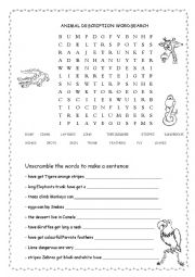 English Worksheet: Animal description wordsearch