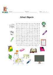 English Worksheet: School Objects Wordsearch