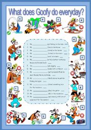 English Worksheet: PRESENT SIMPLE WITH GOOFY! WHAT DOES HE DO EVERYDAY?
