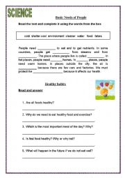 English Worksheet: Basic Needs Healthy Habits