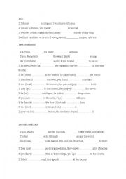 English Worksheet: Conditional exercises (first, second and mix)