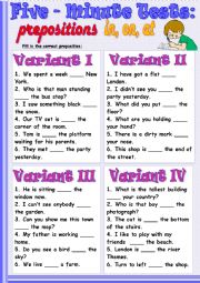 English Worksheet: Five-Minute Tests: prepositions in, on, at