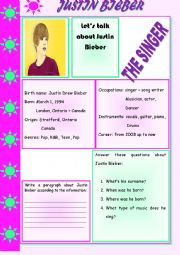English Worksheet: Justin Biebers biography
