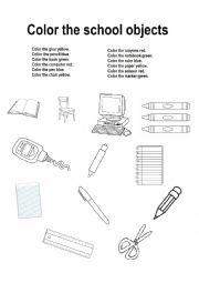 English Worksheet: School Objects + Colors