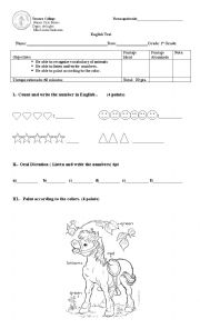 English Worksheet: Test Colors, animals, numbers