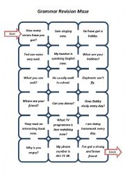 English Worksheet: Grammar Revision Maze (Be - Have got - Can - Present Simple - Present Continuous)