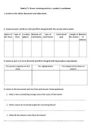 English Worksheet: Reality TV part1 The Biggest Loser Listening Activity