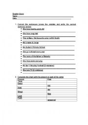 English Worksheet: Exam on Correcting mistakes and verbs list