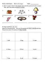 Phonics Worksheet Short e VS Long e