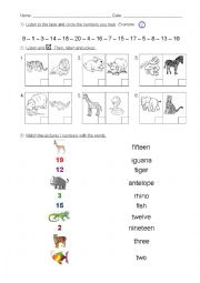 English Worksheet: 2nd grade Test - numbers 1 to 20 & animals