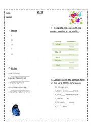 English Worksheet: Test, nationalities, countries, to be, numbers