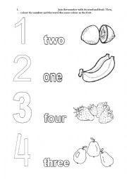 English Worksheet: numbers and fruit for colouring