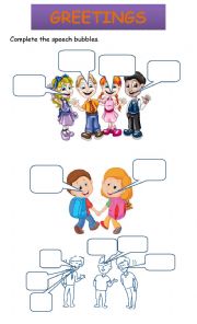 English Worksheet: Greetings! Complete the speech bubbles 2.