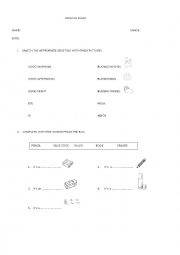 English Worksheet: Greeting and school supplies exam