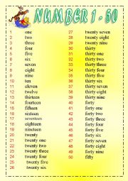 English Worksheet: numbers 1 - 50