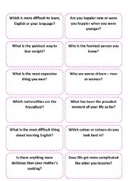 English Worksheet: Comparative/Superlative discussion cards