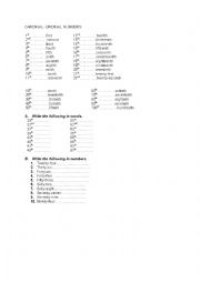 English Worksheet: ordinal-cardinal numbers