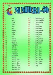 English Worksheet: The Numbers 1 - 50