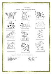 English Worksheet: ANIMALS AND COLOURS TO CUT AND PASTE.