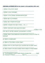 English Worksheet: Ordinal Numbers (Chilean content)