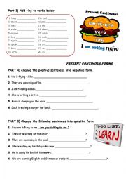 English Worksheet: present continuous exercises, present continuous forms,verbs