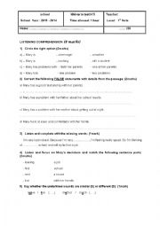 English Worksheet: Mid term test 3 for 1st form secondary education