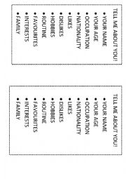 English Worksheet: Tell me about you! (Introduction Cards)