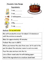 English Worksheet: chocolate cake recipe