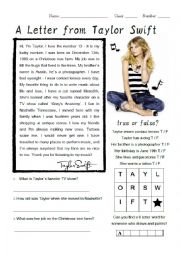 English Worksheet: Taylor Swift Biography Worksheet