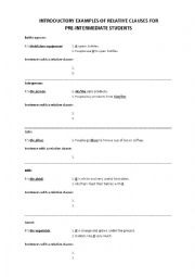 English Worksheet: INTRODUCTORY EXAMPLES OF RELATIVE CLAUSES FOR  PRE-INTERMEDIATE STUDENTS