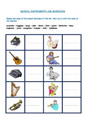 English Worksheet: MUSICAL INSTRUMENTS AND MUSICIANS