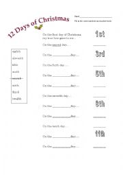 English Worksheet: 12 Days of Christmas Ordinal Numbers