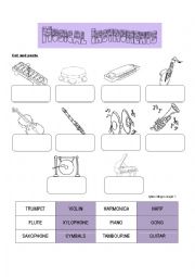 English Worksheet: Musical Instruments - Color, Cut and Paste