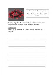 English Worksheet: Science Christmas lights investigation prediction